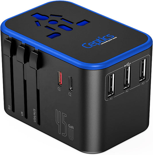 World International Travel Plug Adapter - Powerful 33.5W with Pd & QC 3.0 Dual USB-C Power - 3 USB Ports Wall Charger Type I C G a Outlets 110V 220V A/C - EU Euro US UK (11-KU)