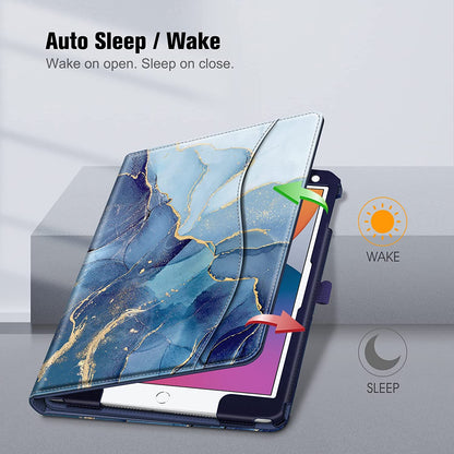 Case for Ipad 9Th / 8Th / 7Th Generation (2021/2020/2019) 10.2 Inch - [Corner Protection] Multi-Angle Viewing Stand Cover with Pocket & Pencil Holder, Auto Wake Sleep, Ocean Marble