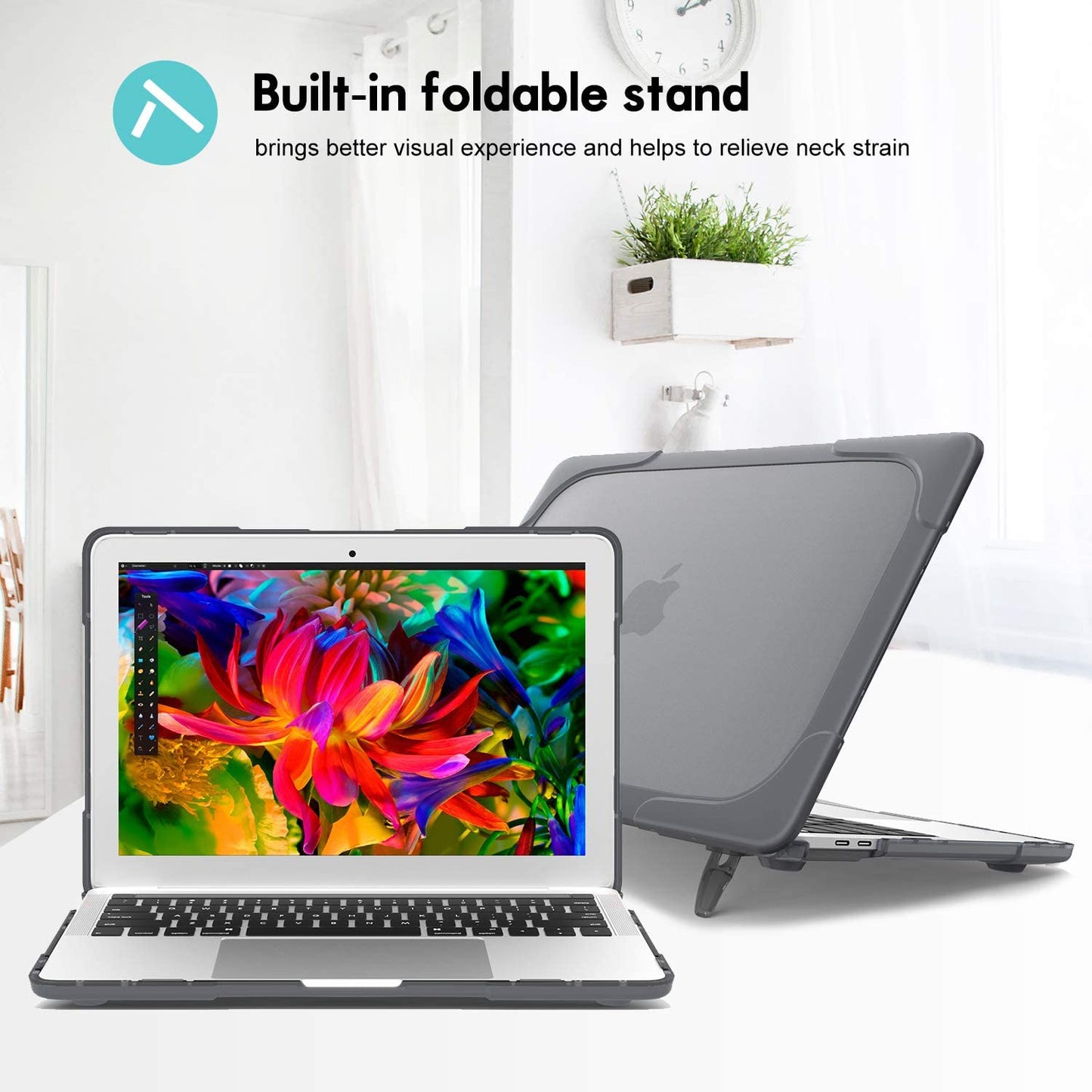 Macbook Air 13 Inch Case 2020 2019 2018 Release A2337 M1 A2179 A1932, Heavy Duty Slim Hard Shell Protective Cover with Fold Kickstand for Macbook Air 13 Retina with Touch ID -Grey